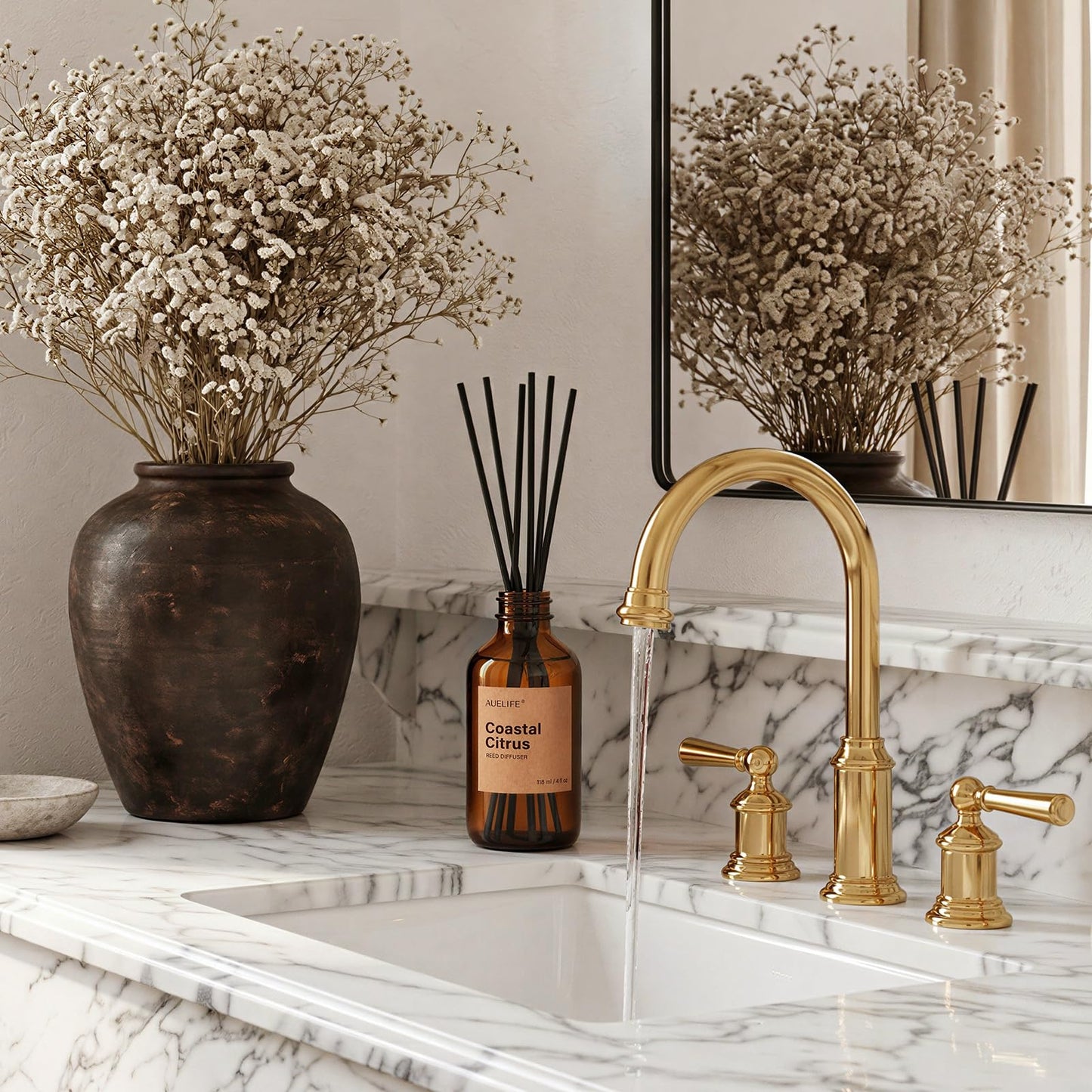 Auelife Reed Diffuser Set, Teakwood & Mahogany 2 Pack 8 Fl Oz Scented Diffuser with Fiber Sticks, Home Fragrance Reed Diffuser for Bathroom Shelf Decor, Bedroom, Office & Housewarming Gift
