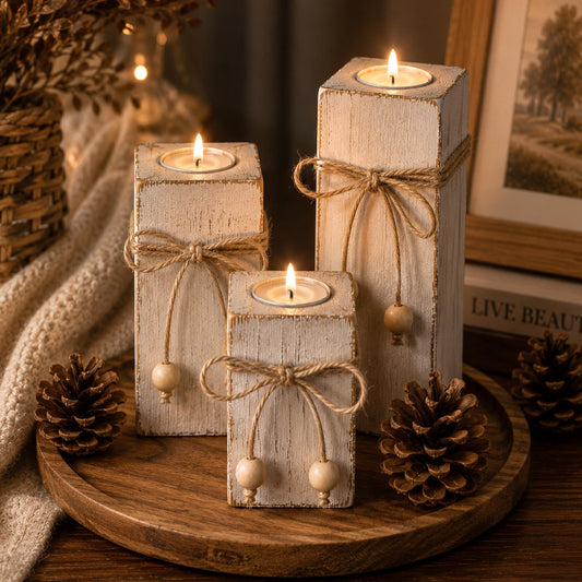 Farmhouse Decor Wooden Candle Holders Set of 3 - Fake Candles and Real Tea Lights, Rustic White Farmhouse Table Decor, Decorative Candles for Fireplace Mantel, Wedding, Holiday