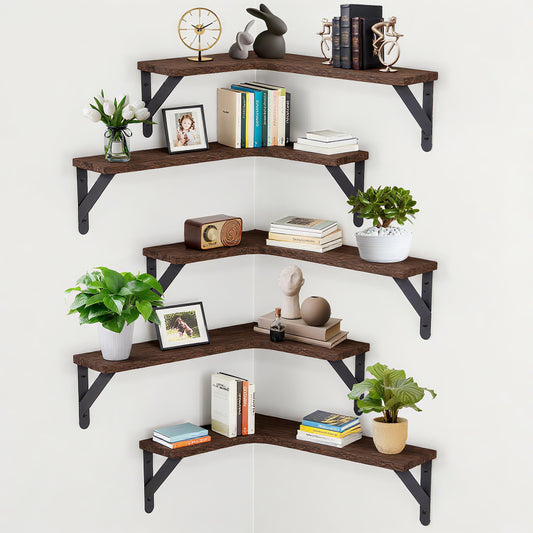 CACASO 5 Pack Floating Shelves, Rustic Wood Wall Storage Corner Shelf, Wall Mounted Wood Shelves for Office, Home Decor, Bathroom, Kitchen(Dark Brown)