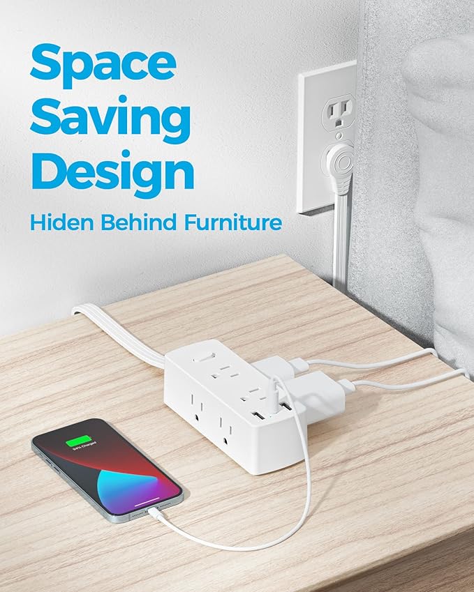 Flat Extension Cord 10ft, Olcorife Flat Plug Power Strip with 6 Outlets 3 USB Ports(1 USB C), 3-Side Outlet Extender Surge Protector for Home Office Dorm Room Essentials, White