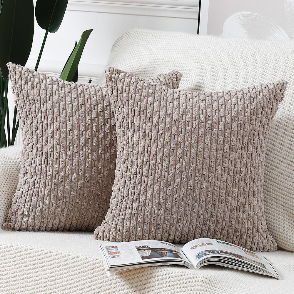 MADIZZ Pack of 2 Corduroy Decorative Euro Sham Pillow Covers 26x26 Inch Taupe Soft Boho Striped Couch Throw Pillows for Bed Pillowcases for Sofa Livingroom Home Decor