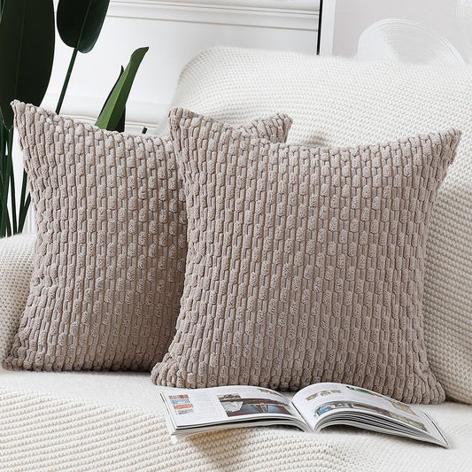 MADIZZ Pack of 2 Corduroy Decorative Euro Sham Pillow Covers 26x26 Inch Taupe Soft Boho Striped Couch Throw Pillows for Bed Pillowcases for Sofa Livingroom Home Decor