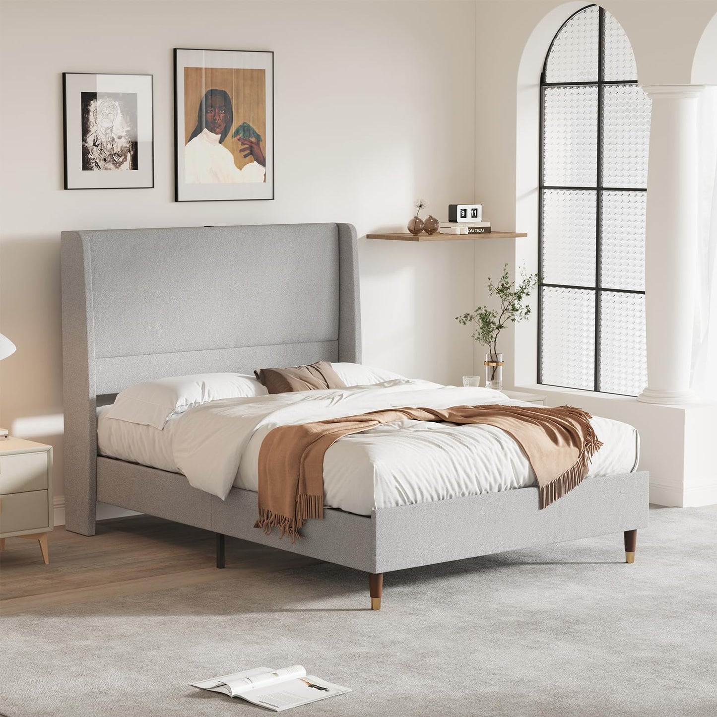 MALOL Full Bed Frame with Upholstered Linen Headboard, Platform Bed with USB Charging Ports, Sturdy Metal Frame, No Box Spring Required, Quiet Noise-Free Modern Bedroom Furniture, Grey