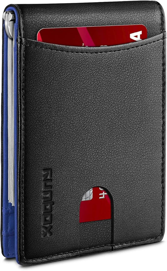 RUNBOX Slim Wallet for Men Genuine Leather RFID Blocking Bifold Minimalist Front Pocket Mens Wallet with Money Clip Thin Gift Box