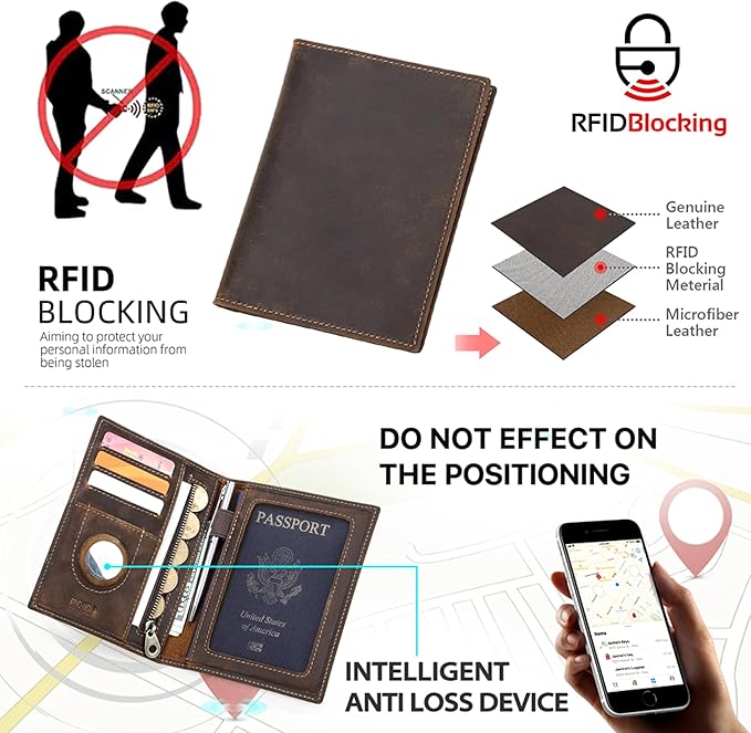 Top Grain Leather Single Travel Passport Wallet Embossing Badge for Unisex, Folio Design for Passport & Multi Cards, RFID Blocking for Passport/Cards/Checks/Bills/AirTag, Coffee Default, AU