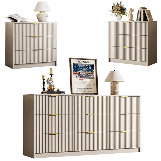 MAISONARIA 3-Piece Dresser Bedroom Set, 9 Drawer Dresser & 3 Drawer Nightstands with Gold Handles, Fluted Wood Chest of Drawers for Bedroom, Living Room, Entryway, Beige