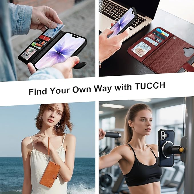TUCCH 2-in-1 Removable Case Wallet for iPhone 17 (6.3") 2025, Detachable Wrist Strap, 4 Card Holders RFID Blocking, Wireless Charging, Stand, Magnetic, PU Leather, Shockproof Folio Cover, Red