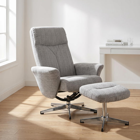 Trygoal Recliner Chair with Ottoman, 360° Swivel Ergonomic Chenille Armchair Reclining with High Back & Wide Armrests, 135° Manual Adjustable Lounge Chair with 4-Point Base for Living Room, Light Grey
