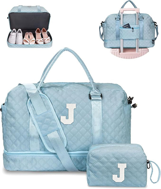 Vogewood Weekender Bags for Women Travel, Personalized Weekender Bag with Shoulder Strap, Monogram Overnight Bag for Women with Trolley Sleeve & Wet Pocket, Letter Travel Bag (Letter J)