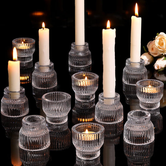 HAVITI 12 Pack Clear Taper Candle Holders, Glass Candlestick Holders, Tea Light Candle Holder for Fall Wedding Centerpieces Table Decorations, Votive Candle Holders for Table Decor