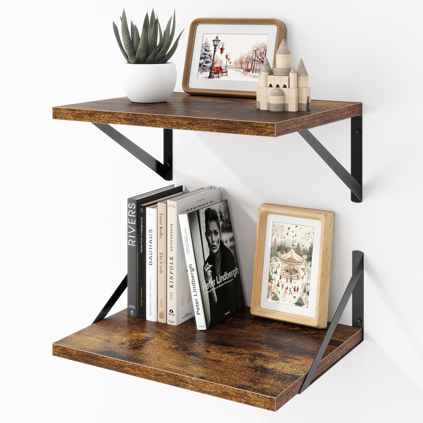 Acovy Deep Floating Shelves Wall Mounted, 16"x12" Brown Wood Shelves with Brackets Set of 2 for Bedroom, Living Room, Bathroom, Kitchen, Office - Storage & Display Shelf for Decor, Books, Plants