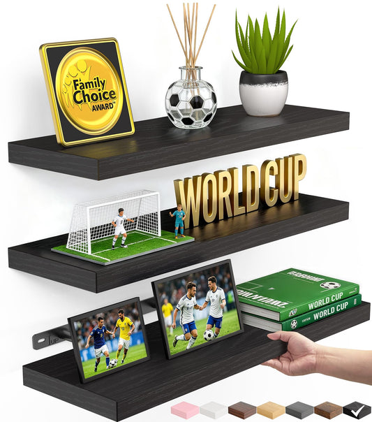 BAYKA Floating Shelves for Wall, Wall Mounted Rustic Wood Shelves for Bathroom, Bedroom, Living Room, Kitchen, Hanging Shelf for Books/Storage/Room Decor with 22lbs Capacity (Black, Set of 3, 15.7in)