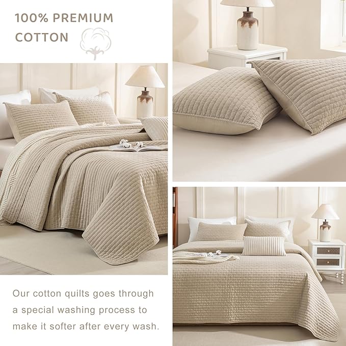 Sanracie Stonewashed Oversized King Quilt(120"x120"), Cotton Dark Wheat Color Cross Stitch Pattern California King Quilt Set 3Pcs Ultra Soft Lightweight Crinkle Bed Coverlet Set for All Season