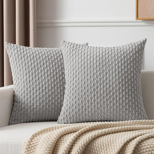 Kevin Textile Set of 2 Super Soft Striped Corduroy Velvet Decorative Euro Throw Pillow Sham Cushion Cover for Bed 20x20 Inch(50cm) Light Grey