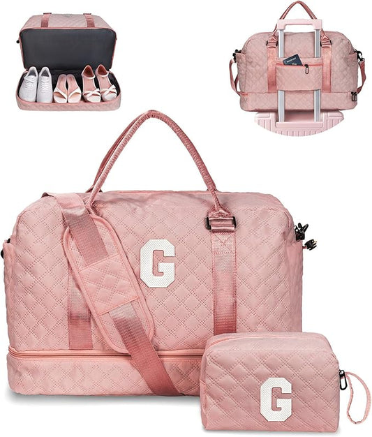 Vogewood Gifts for Girls-Kids Duffle Bag with Shoe Compartment, Girls Weekender Bag, Monogram Overnight Bag, Letter Travel Bag with Makeup Bag，Personalized Gift Idea for Women Her (Letter G)