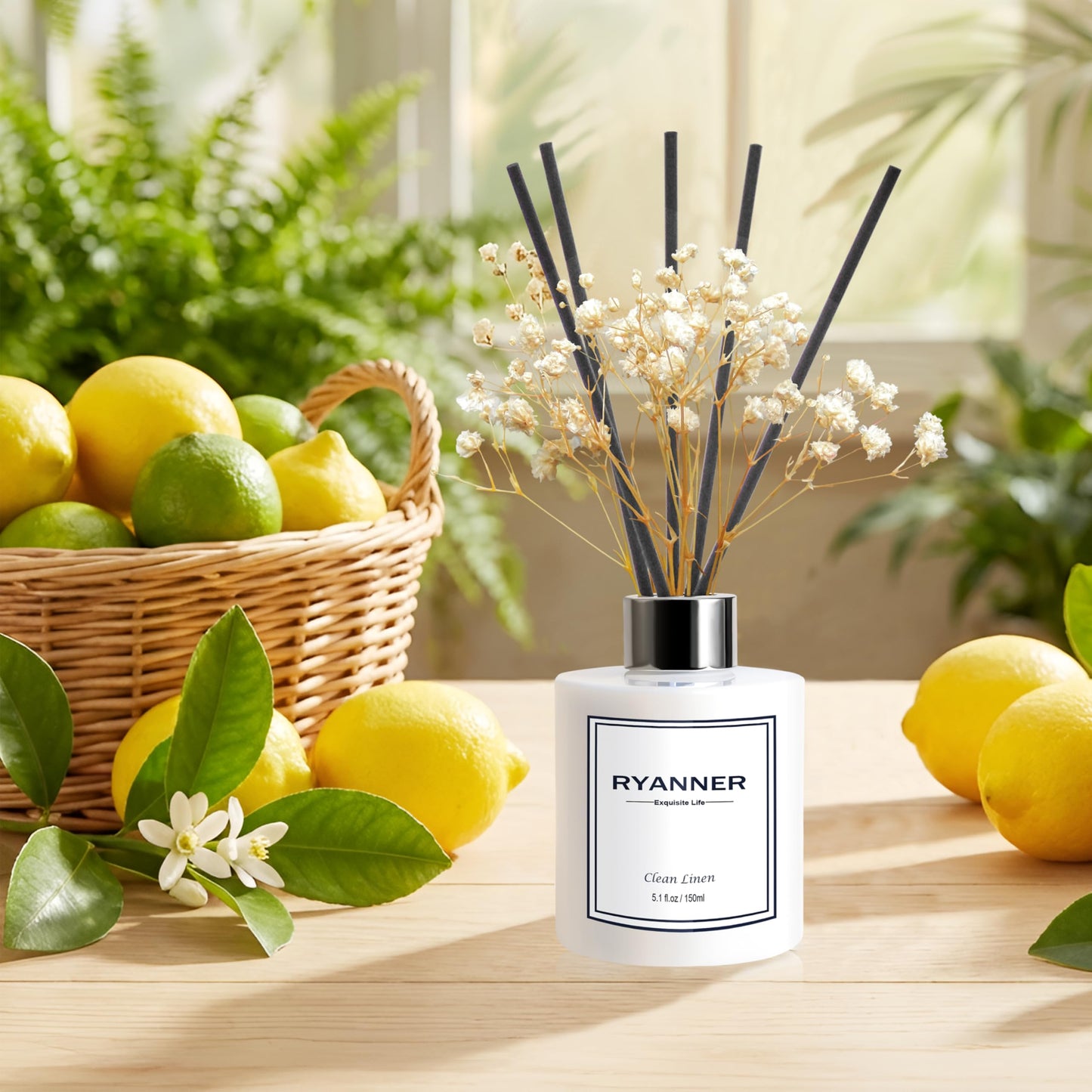 RYANNER Reed Diffuser Set,5.1 fl oz Clean Linen Scent Diffuser with Sticks Home Fragrance Reed Diffuser with Essential Oil for Bathroom Shelf Decor&Air Freshener,Home Bathroom Office Decor & Gifts