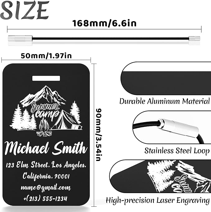 4 PCS Personalized Luggage Tags for Suitcase, Custom Engraved Aluminum Luggage Tags with Your Personalized Text Logo, Metal Name Tags with Steel Loop for Bag, Suitcase, Backpack (Black, Large)