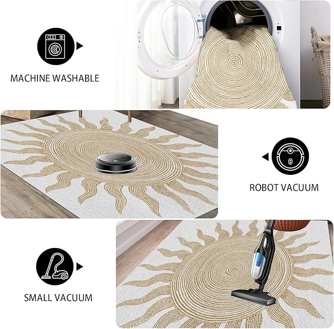 Boho Washable Rugs for Bedroom 7x10, Modern Sun Print Soft Minimalism Area Rug, Non Slip Low Pile Abstract Carpet for Classroom Living Room Decor Dining Room Sofa Kids Nursery Room, Beige Yellow