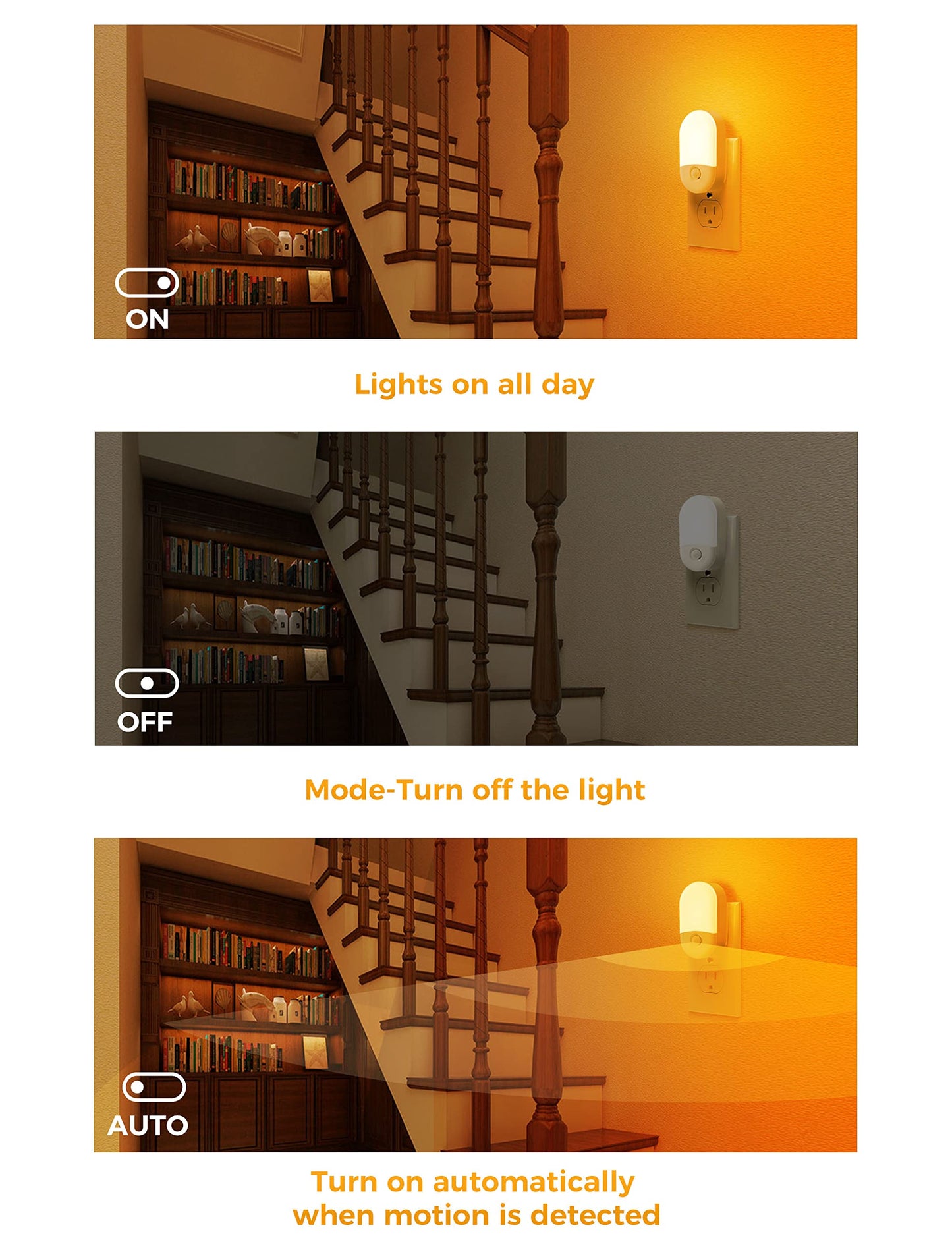 L LOHAS LED Amber Night Light, 2 Pack, Night Lights Plug into Wall Motion Sensor, 0.6W 2000K, LED Nightlights, 30/60LM Adjustable Brightness, Automatic Low Blue Nightlight for Kids, Bathroom, Hallway