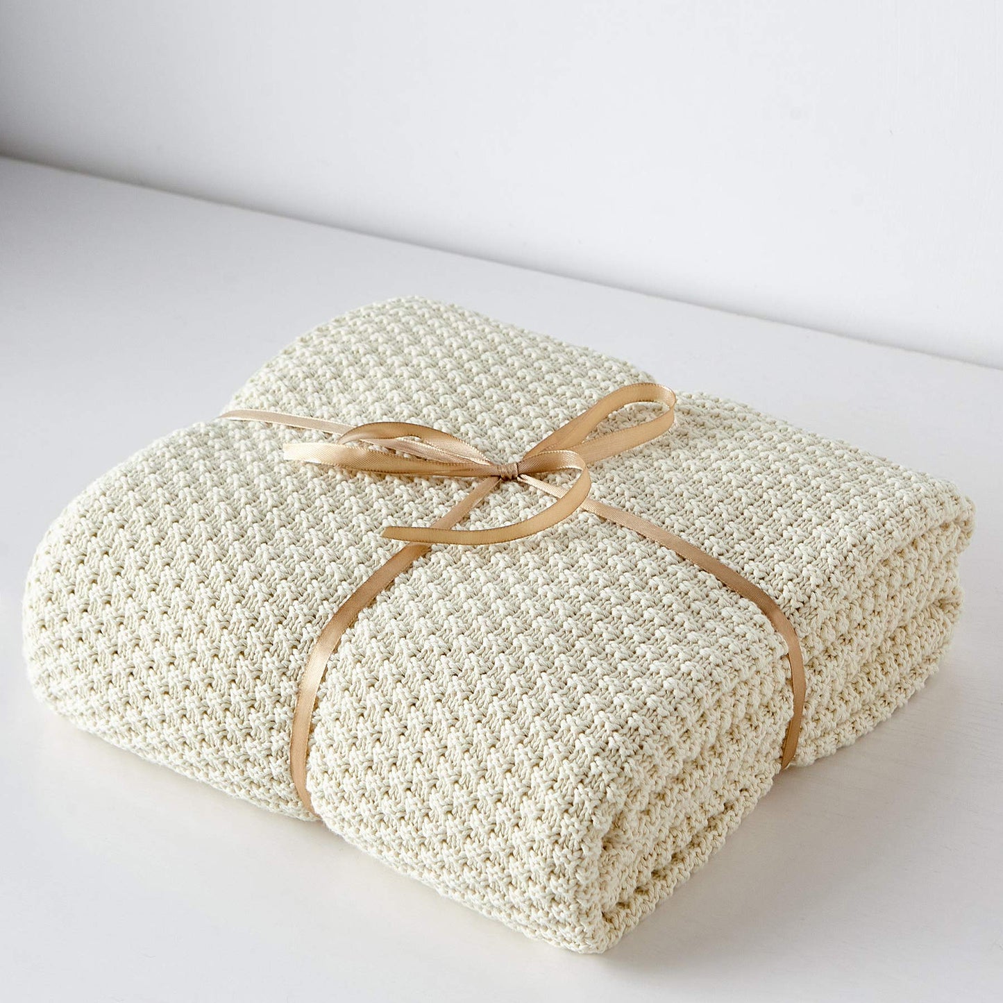 Longhui bedding 100% Cotton Knitted Throw Blanket – Cream, Soft & Cozy, Machine Washable, 51"x63" – Perfect for Living Room, Couch, Sofa, Bed or Travel