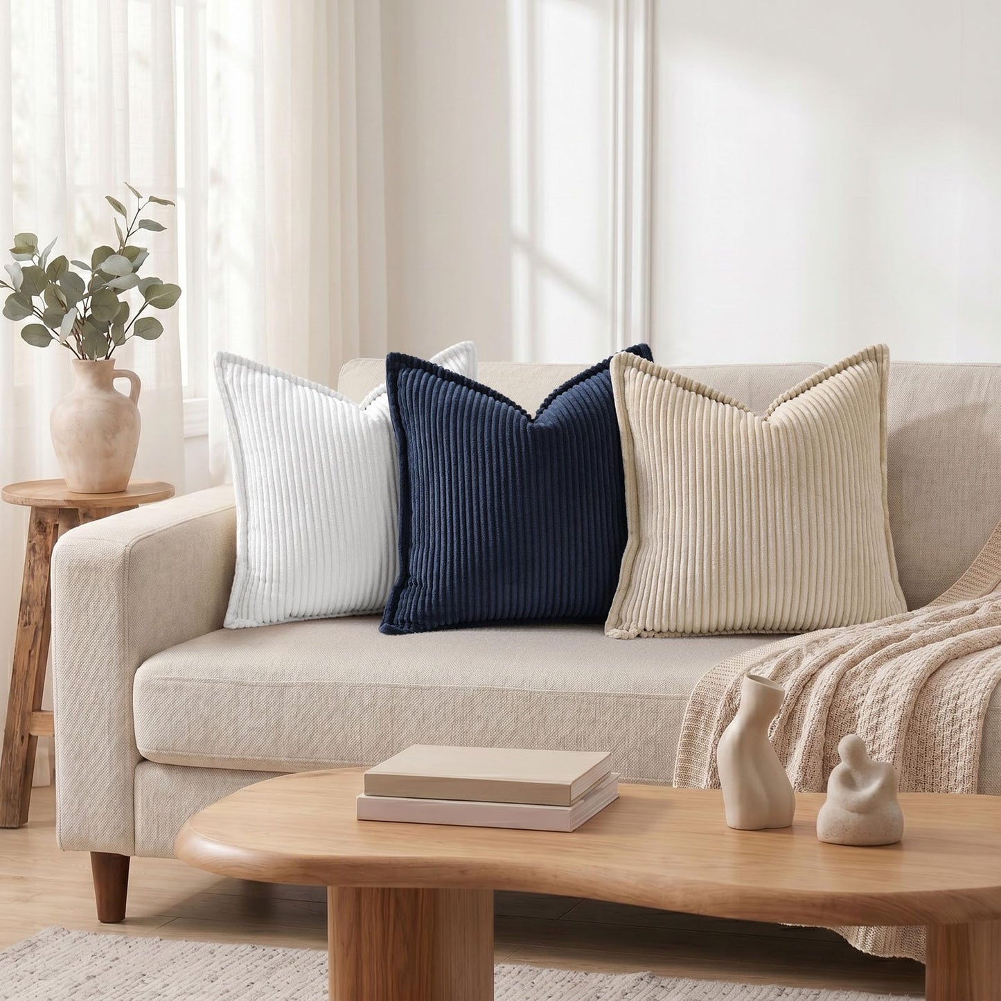 Mecatny Corduroy Throw Pillow Covers 24x24 Set of 2, Neutral Decorative Soft Boho Couch Pillow Covers with Broadside for Sofa Living Room, White