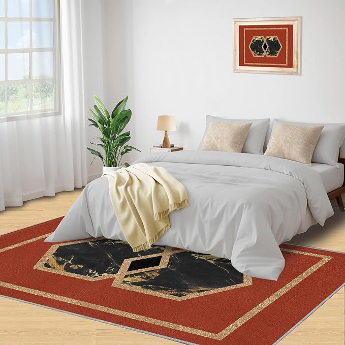Abstract Marble Area Rugs Golden Hexagon Geometric Rug Vintage Red Marble Carpet European Medieval Geometry Carpet Mat for Bedroom Living Room 6x8ft