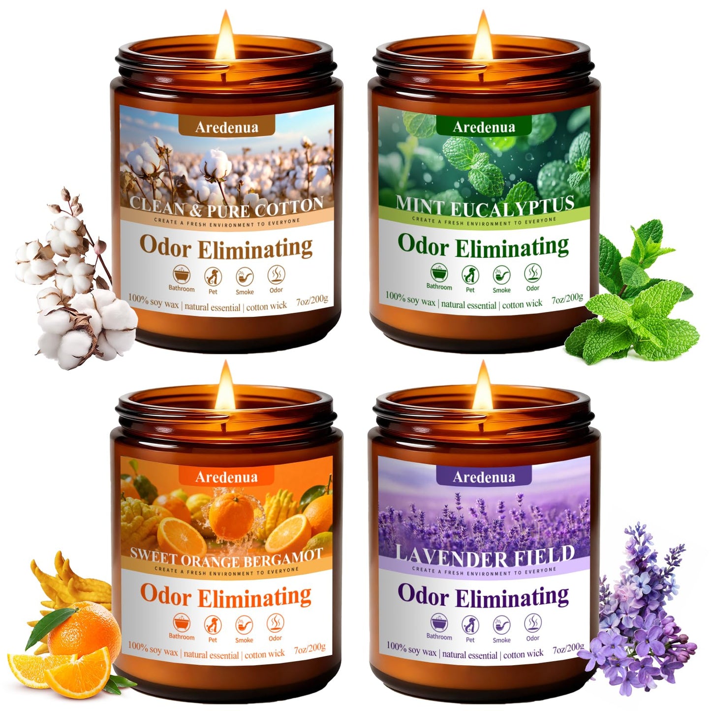 4 Pack Odor Eliminating Candles Set - Eliminates 95% of Pet, Smoke, Food, and Other Smells Quickly - Air Freshing Scent of Lavender/Orange/Mint/Cotton - 28oz Soy Candles for Home Scented, 200 Hours