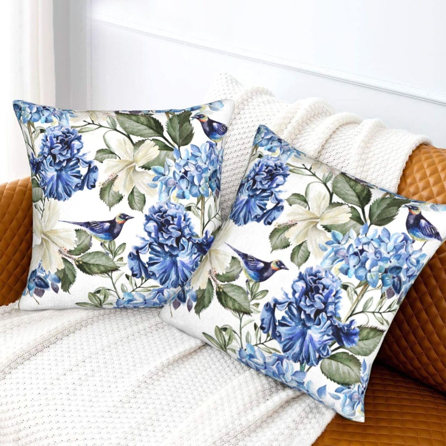 Coshatsu Blue and White Floral Pillow Covers 18x18 Set of 2, Spring Hydrangea Hibiscus Flowers Throw Pillow Covers Square Decorative Pillow Case for Couch Bed Sofa Cushion Home Decor