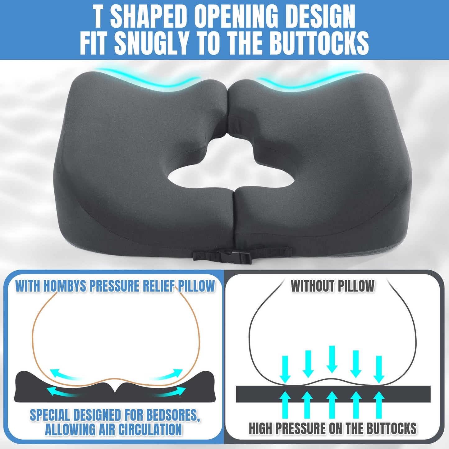 HOMBYS Memory Foam Bed Sore Cushions for Butt,Bedsore Pressure Relief Pillow for Sleeping and Sitting,Cushion for Bed Sores on Buttocks, T Shaped Opening Tailbone Pillow, Patent Pending(Dark Grey)