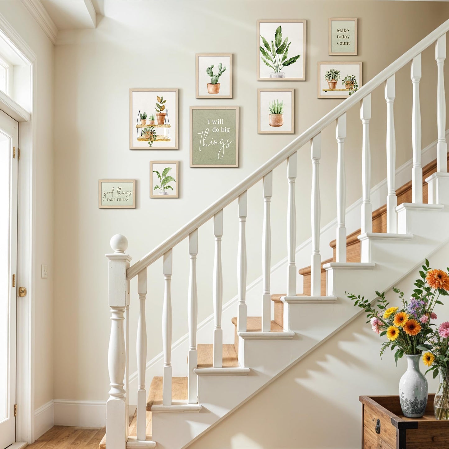 ArtbyHannah 9-Piece Botanical Gallery Wall Art Set, Sage Green Plant Prints with Wood Frames, Neutral Decor for Modern Living Room Bedroom Staircase Nursery