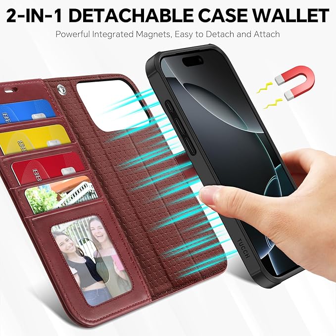 TUCCH Detachable Case Wallet for iPhone 17 Pro Max (6.9") 2025, Wrist Strap | 4 Card Slots RFID Blocking | Wireless Charging | Stand | 2-in-1 Magnetic | PU Leather | Shockproof Folio Cover | Dark Red