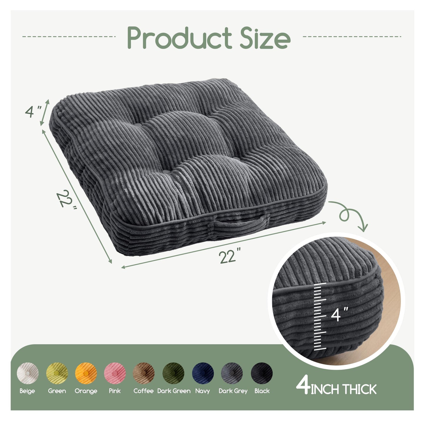 HIGOGOGO Floor Pillow Cushion for Adults, Meditation Cushion Pillow, Large Square Floor Sitting, Tufted Corduroy Cover, for Tatami Living Room or Yoga, 22x22 Inch, Dark Grey