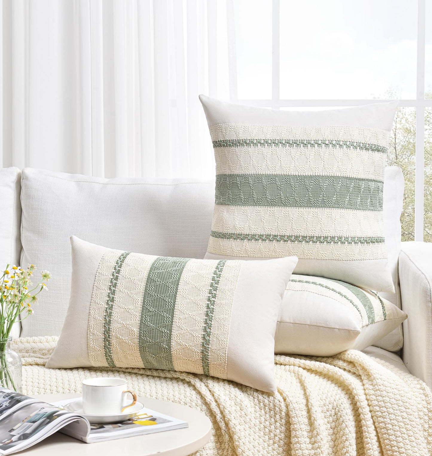 Fancy Homi Set of 1 Sage Green Boho Lumbar Decorative Throw Pillow Covers 14x24 Inch for Living Room Bedroom Couch Bed Sofa, Rustic Retro Cushion Case, Bohemian Room Home Decor