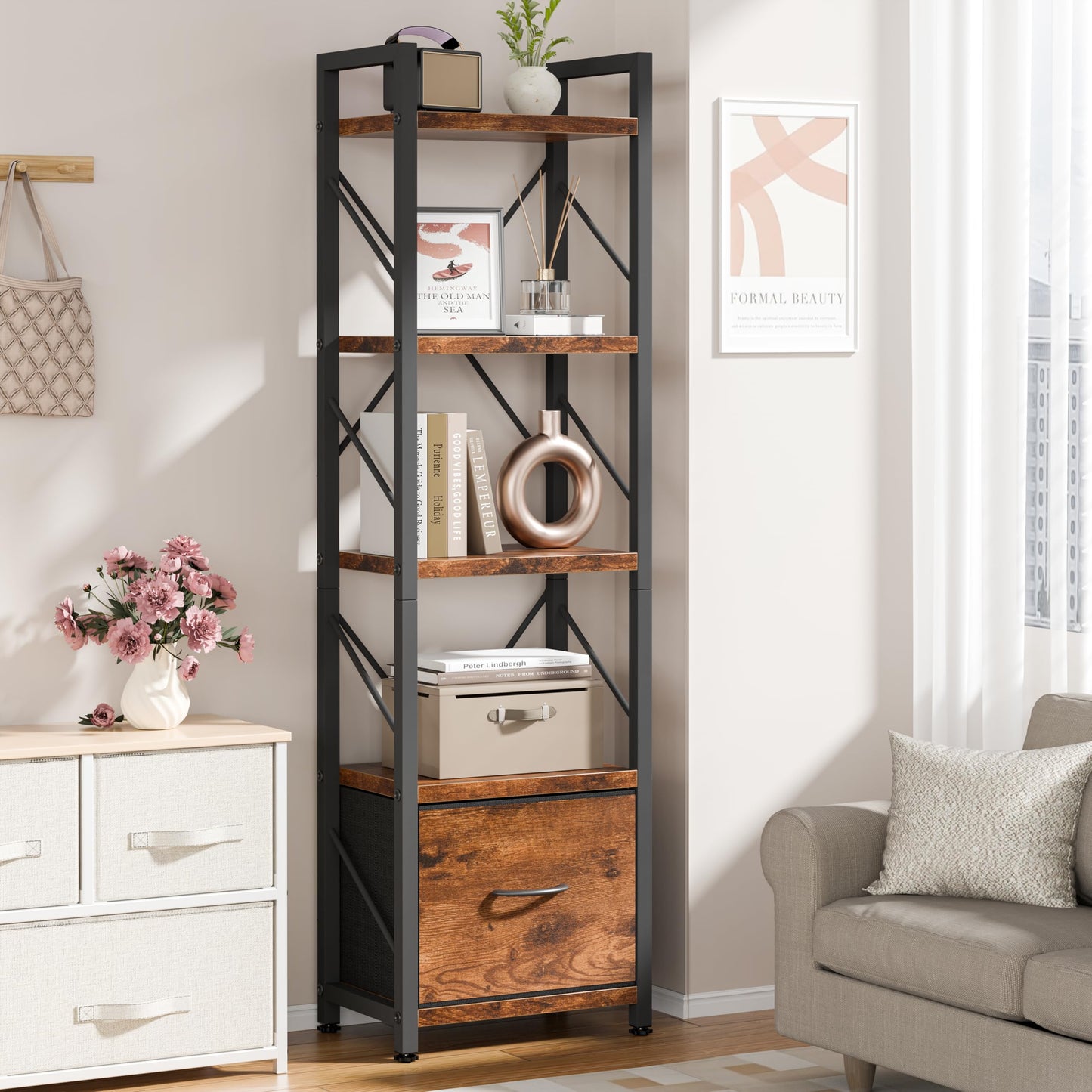 Shintenchi Bookshelf, 5 Tier Bookcase with Drawer, Modern Tall Bookshelves Storage Organizer, Industrial Book Shelves for Bedroom, Living Room, Office, Rustic Brown