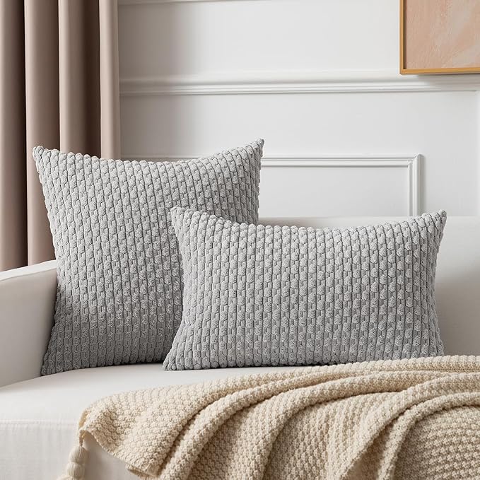Kevin Textile Euro Sham Pillow Covers 28x28 Inch 2 Packs Soft Boho Striped Corduroy Decorative Throw Pillows for Living Room Couch Bed Sofa Rustic Farmhouse Home Decor 71x71cm Light Grey