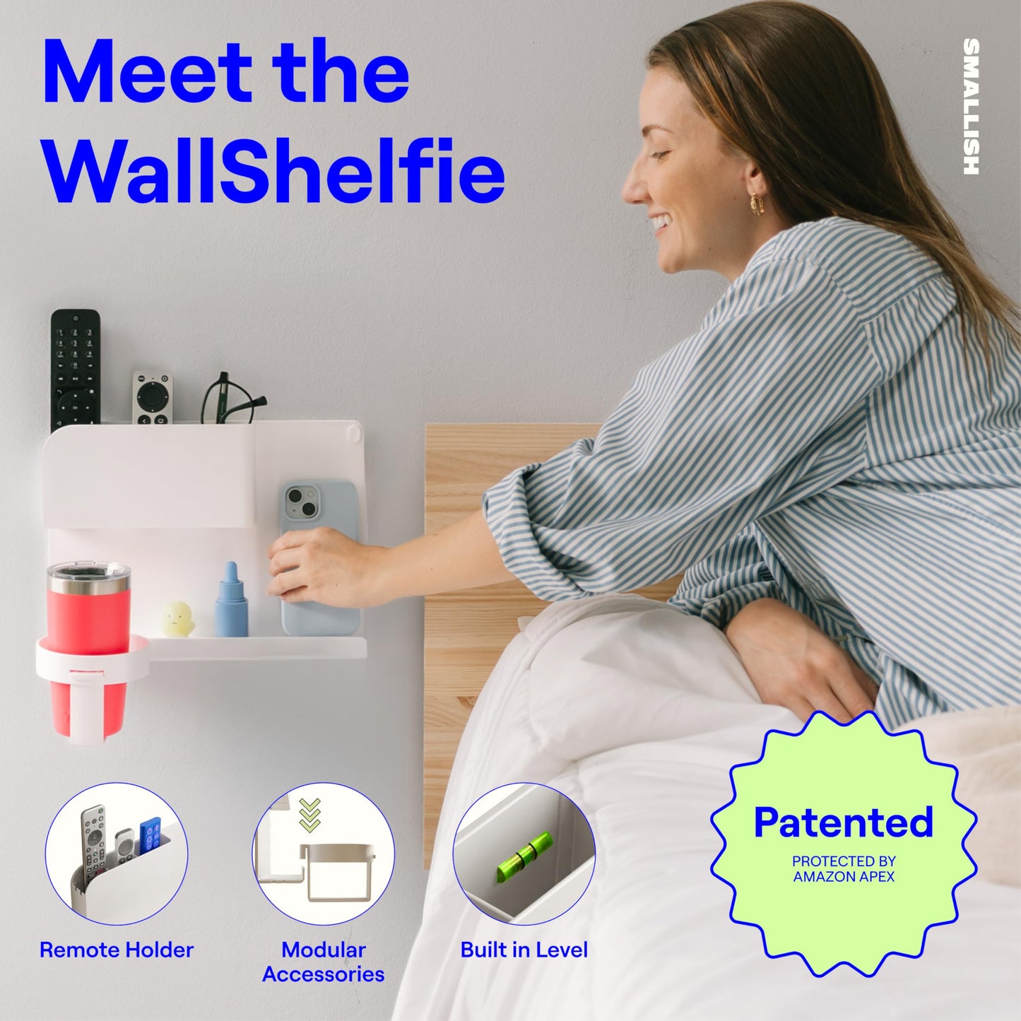 WallShelfie Bedside Wall Organizer & Dorm Decor - Dorm Room Essential, Floating Bedside Shelf Wall Mount Organizer, Remote Control Holder, Cool Teen Girls Trendy Stuff, Room Organization (White)