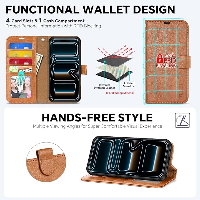 TUCCH Detachable Case Wallet for iPhone 17 Pro (6.3") 2025, Wrist Strap | 4 Card Slots RFID Blocking | Wireless Charging | Stand | 2-in-1 Magnetic | PU Leather | Shockproof Folio Cover | Light Brown