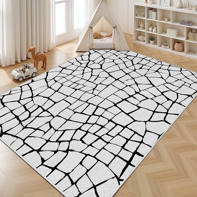 Black and White Area Rug, Abstract Rug 8x10, Contemporary Minimalist Rugs, Geometric Cracks Area Rugs, Modern Geometric Carpet for Living Room, Washable Non Slip Home Decor Mat