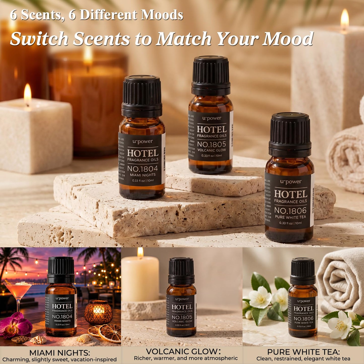 URPOWER Hotel Collection Diffuser Oil - 6 Premium Scents for Diffusers 10ml/0.34 fl oz Essential Oils Set for Diffusers for Home - Inspired by Baccarat Westin My Way Pure White Tea and Other Hotel