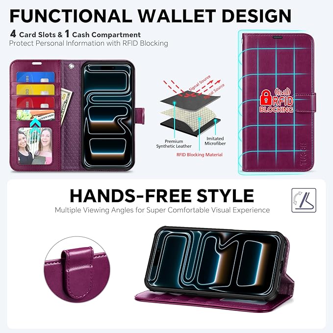 TUCCH Detachable Case Wallet for iPhone 17 Pro Max (6.9") 2025, Wrist Strap | 4 Card Slots RFID Blocking | Wireless Charging | Stand | 2-in-1 Magnetic | PU Leather | Shockproof Cover | Plum Purple