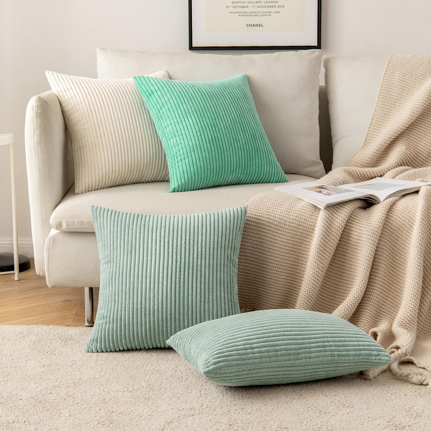 MIULEE Decorative Corduroy Pillow Covers Soft Solid Pack of 2 Cushion Cases Boho Square Throw Pillow Covers Greyish Green Pillowcases for Couch Chair Sofa Bed Living Room Home Decor 18 x 18 Inch