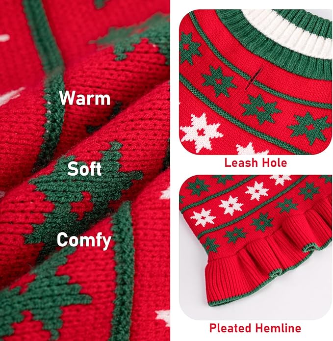 KYEESE Dog Christmas Sweater Turtleneck Dog Sweater for Medium Dogs Warm Dogs Clothes Pet Coats with Leash Hole Knit Pullover Pet Sweater Dress with Snow Flake, Girl Red, XX-Large