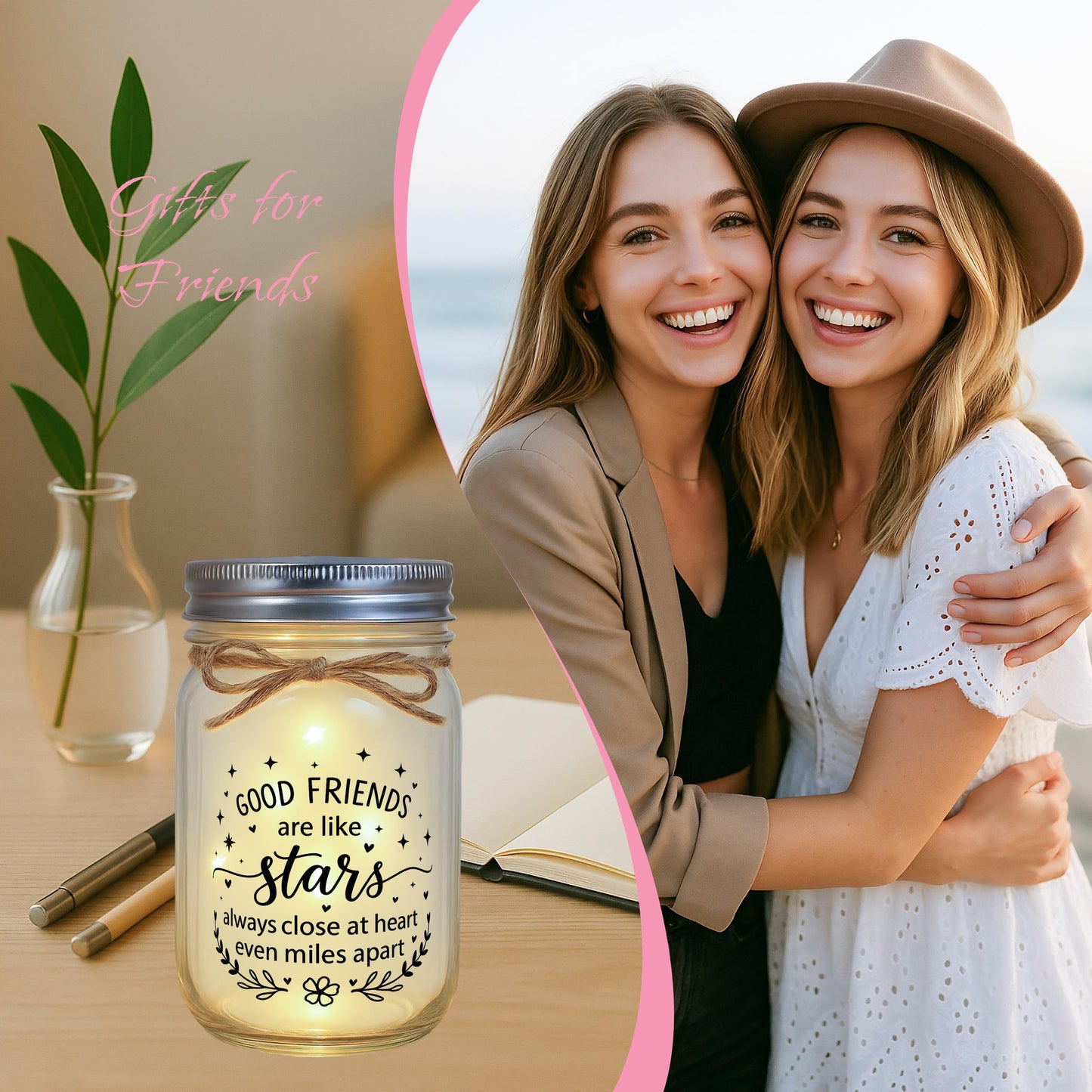 Friendship Gifts for Women, Birthday Christmas Thankgiving Holiday Gifts for Best Friend Woman, Mason Decorative Jar Night Lights for Friends Sister