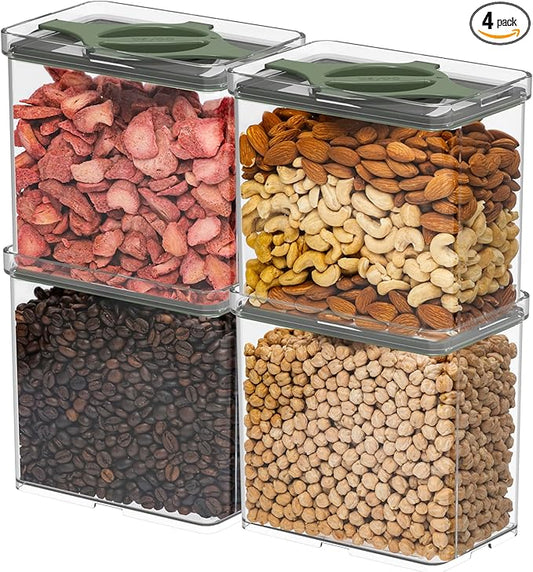 Prestoor 4-Pack Airtight Pantry Containers, 1.9 QT / 1.8 L Clear Food Storage Jars with Leakproof Twist-Lock Lids, Detachable Lid for Easy Cleaning, Cereal, Pasta, Rice, Oats, Snack Storage- Green