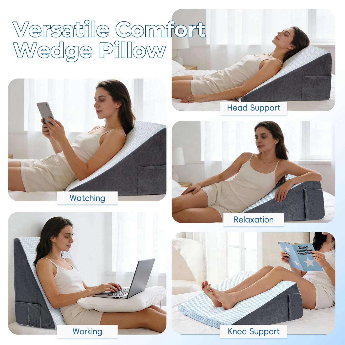 WOLKI Cooling Wedge Pillow for Sleeping - 12 Inch Bed Wedge Pillows for Acid Reflux Relief, After Surgery, Snoring Aid - Bed Wedge Pillow for Headboard - Elevated Triangle Pillow for Back, Leg Support