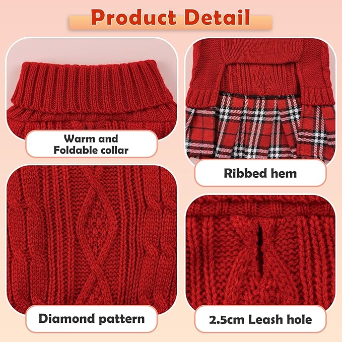 YUDODO Small Dog Sweater Dress with Bowtie Turtleneck - Knitted Pet Girl Dog Winter Clothes - Pet Warm Sweater for Puppy Yorkies, Chihuahua (L Red)