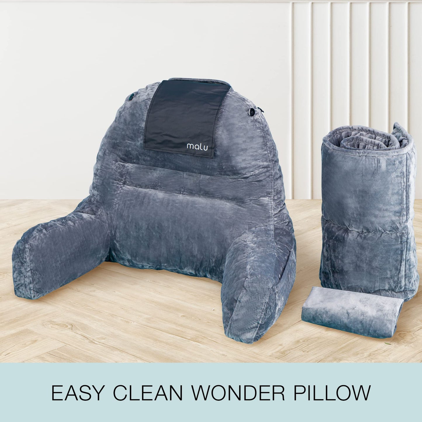 malu Extra Large Reading Pillow- Ergonomic Pillow- Back Pillow for Bed+ Rolling Mat for Neck Support- with Shredded Memory Foam- for Sitting Up in Bed, Couch or Floor