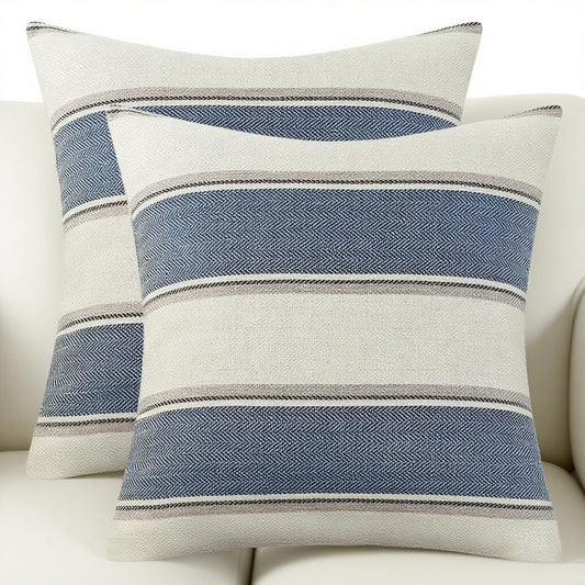 AmHoo Pack of 2 Farmhouse Linen Throw Pillow Cover Cushion Stripe Decoration Buffalo Retro Pillowcase with Hidden Zipper for Sofa Bedroom Car 18 x 18 Inch Blue
