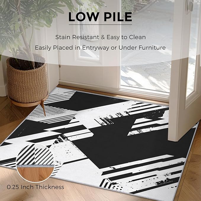 Black and White Rugs for Home Decor, 7x9 ft, Abstract Geometric Area Rugs for Living Room, Soft Non Slip Washable Modern Minimalist Carpet Bedroom Decorations Dt-Ghf-31