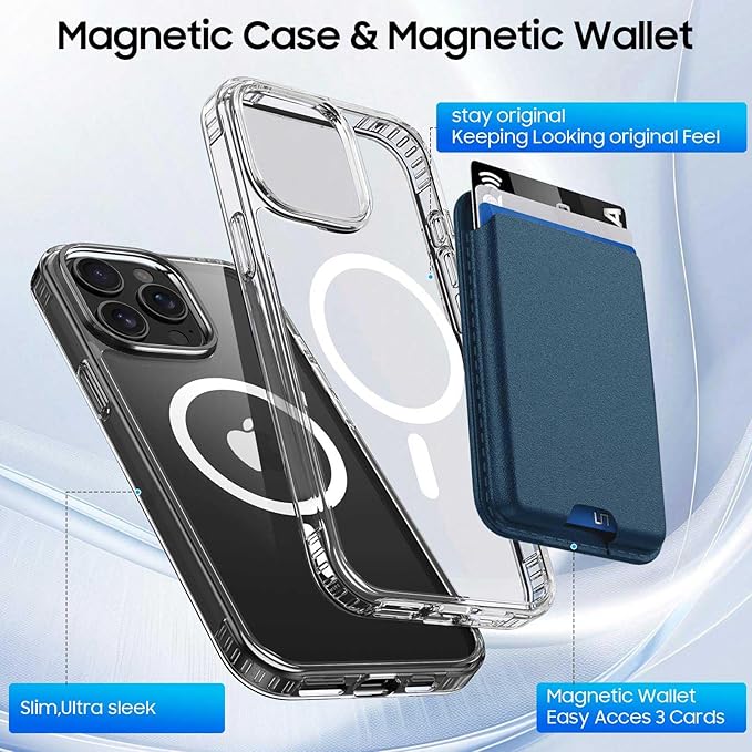 Ntwinro Magnetic for iPhone 12 & iPhone 12 Pro Clear Case (Compatible with MagSafe) with Blue Detachable Wallet & Card Holder for 3 Cards [RFID Blocking] Military Grade Protective Slim Phone Cover